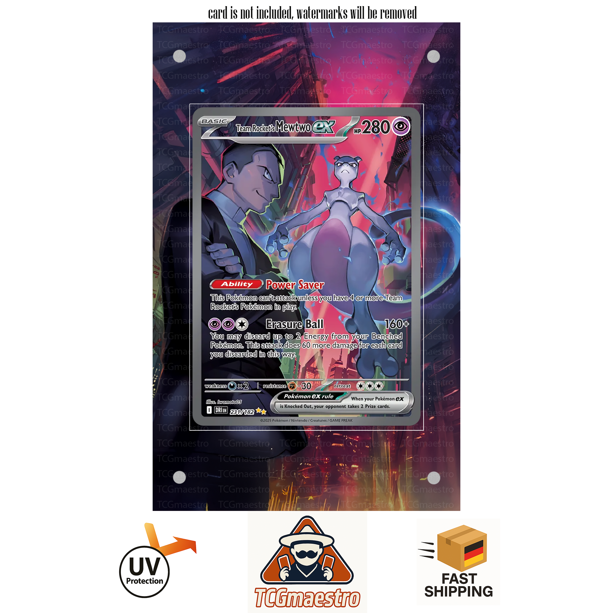 Team Rockets Mewtwo DRI 231/182  extended artwork acrylic case magnetic protective cover Pokemon